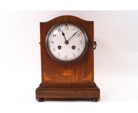 An Edwardian inlaid mahogany eight day mantel clock, 24cm high, with winding key