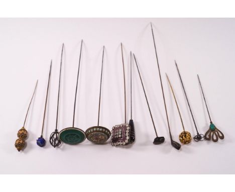 A collection of twelve hat pins including a silver golf club, a circular green enamel example and a micro mosaic example