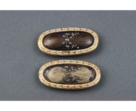 A George III two-part mourning buckle both consisting of human hair with an entwined rose cut diamond ribbon to each. Gilt me