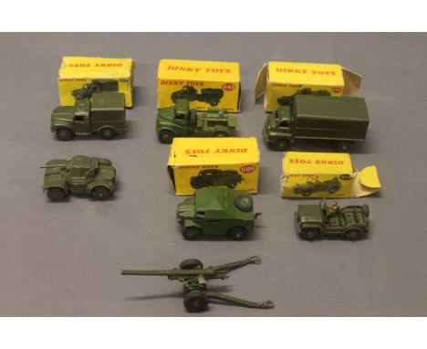 A collection of boxed & unboxed Dinky military die cast vehicles: Army 1-ton cargo truck (641), Army water tanker (643), 3- t