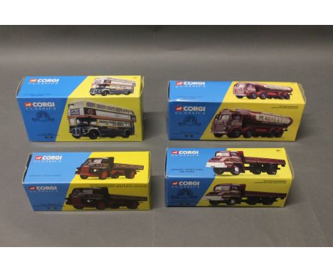 4 boxed Corgi classics die cast models: Shillibeer AEC Routemaster Bus set (35003), W & J Riding Ltd Bedford S type Drop Side