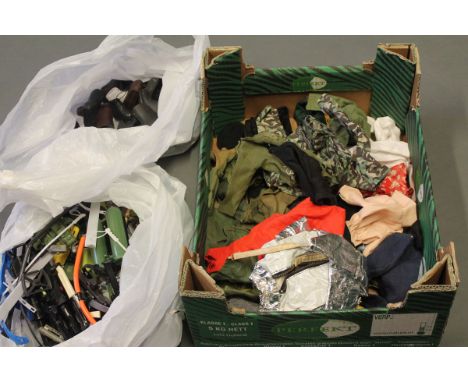 A box of Action Man outfits, modern & vintage, together with 2 bags of action man boots & accessories 