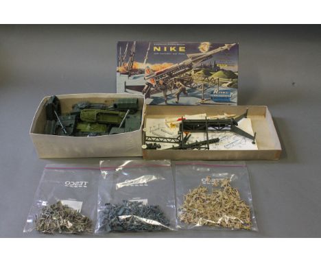 3 bags of Airfix soldiers, a box of plastic & die cast army vehicles & a Renwal models Anti-Aircraft Guided Missile Nike with