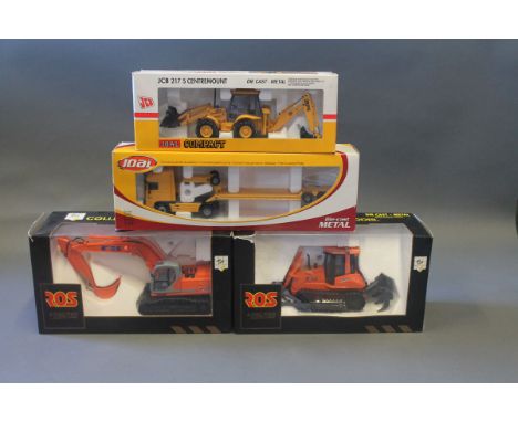 4 boxed model construction vehicles: Joal Compact JCB 217 S Centremount, Joal Truck High Cab Lowbed Trailer DAF 95XF, ROS Agr
