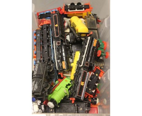A tub of mixed die cast model trains & rolling stock including 'Thomas The Tank Engine', Mainline, etc