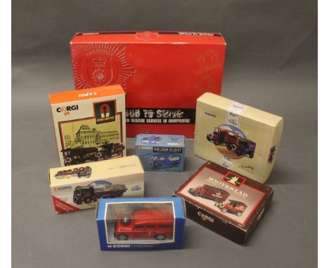 7 boxed Corgi die cast model sets: Fire and Rescue Service in Hampshire (CC99152), AEC Tanker & Thornycroft beer truck (97742