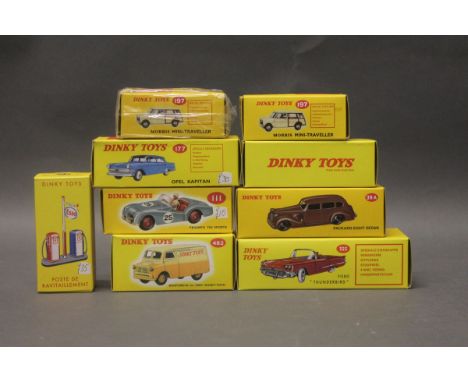 9 boxed Dinky replica die cast models: Ford Thunderbird (555), Morris Mini Traveller (197) x2, Swiss Postal Volkswagen (262),