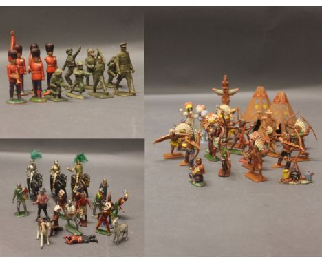 A collection of World War 1/World War 2 plastic toy soldiers, made by Crescent and Hilco, including knights and cowboys, etc