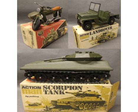 A Cherilea Toys plastic German army motorcycle & sidecar, a Palitoy Action Man land rover & a Palitoy Action Man Scorpion tan