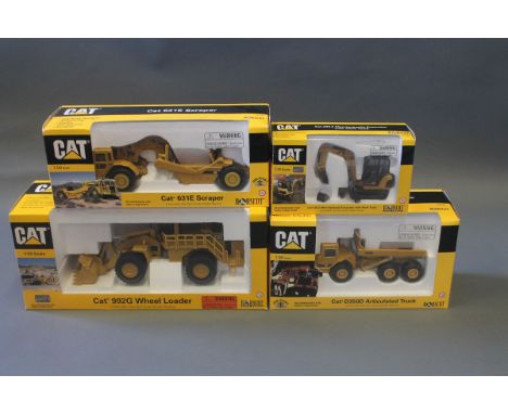 4 boxed Norscot model construction vehicles: D350D Articulated Truck, 302.5 Mini Hydraulic Excavator with Work Tools, 631E Sc