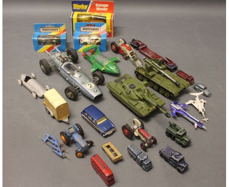 A mixed collection of die cast including Dinky army tanks, Matchbox (boxed & unboxed)