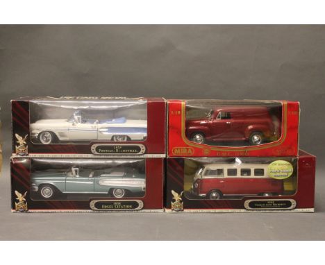 4 1:18 scale die cast model cars: 1962 Volkswagen Microbus, 1950 GMC Panel truck, 1958 Pontiac Bonneville, 1958 Edsel Citatio