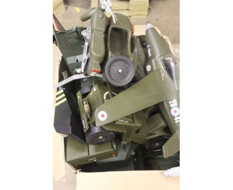 A box of vintage Action Man vehicles including army tank, motor bike & side car, jeep 204432-S with trailer, etc