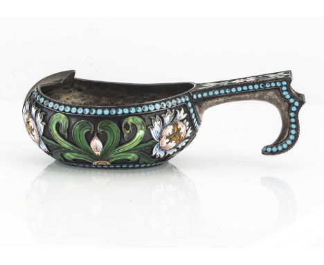 A late 19th or early 20th century Russian silver and enamel kovsh by Nikolay Strulev, 13cm long, 121g, of typical form with p