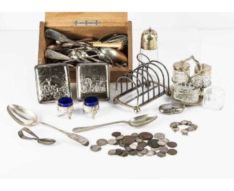 A small collection of silver and silver plate and coins, including a silver tablespoon and baby feeding spoon, several silver