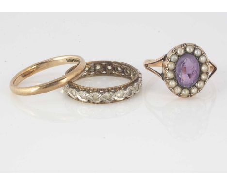 A 9ct gold D shaped wedding band, ring size Q, 2.6mm wide, together with an amethyst and seed pearl oval cluster ring, ring s