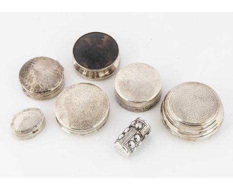 A miscellaneous collection of silver boxes, including a tortoiseshell lidded box, various circular boxes, ovoid example, anot