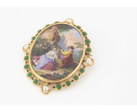 A Continental 19th Century painted miniature brooch, within a yellow metal, enamel and pearl mount, the mother of pearl panel