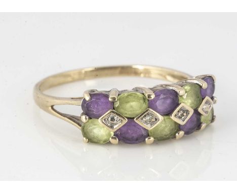 A 9ct gold amethyst, peridot and diamond chequered board dress ring,  ring size R, 2.3g