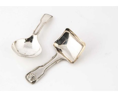 Two Georgian period silver tea caddy spoons, one with square bowl and fiddle and shell handle, 8.4cm long, the other by Georg