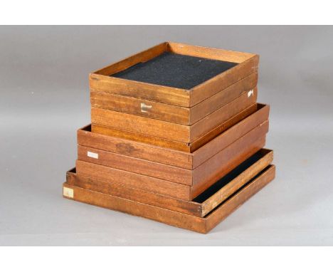 A set of four light wood safe trays,   30 cm by 22.5 cm, a pair 34 cm by 32 cm, three rectangular 35.5 cm by 26 cm