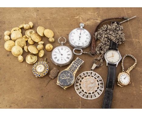 Five watches and a stopwatch, together with a large pendant on long chain necklace and a set of KSN buttons, one watch 9ct go