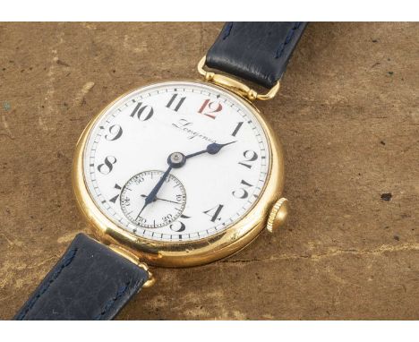 An early 20th century Longines 18ct gold cased wristwatch, 32mm, white enamel dial with Arabic numerals and subsidiary second