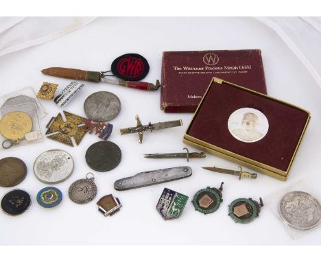 A mixed lot, including a Richard Nixon silver medallion in box, a silver Bath City Secondary School medal, a silver handled p