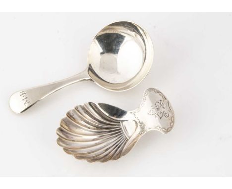 Two early 19th century silver tea caddy spoons by the Bateman family, one with circular bowl and initials MB to handle, Londo