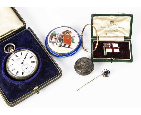 Six collectable items, including a very pretty silver and enamelled compact but sadly damaged to enamel and cracked mirror, w