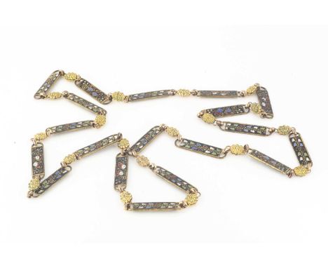 An early 20th century champleve chinoiserie panel necklace, the rectangular batons decorated with floral and butterfly design