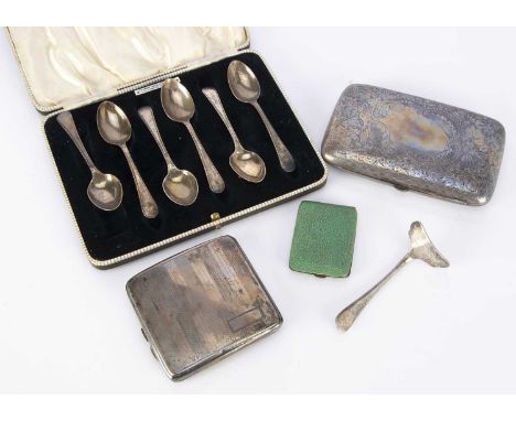 A George V period silver cigar case, together with an Art Deco silver cigarette case, a set of six cased silver teaspoons and