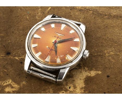 A 1950s Longines Automatic Conquest stainless steel wristwatch head, 35mm, orange dial with batons, red seconds hand, appears