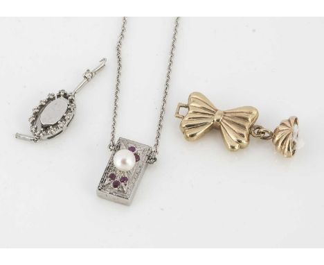 A collection of gold clasps, including one ruby and cultured pearl converted to a pendant, total weight 8.1g
