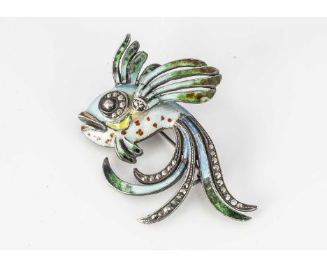 A silver and enamel angel/exotic fish brooch, the blue and green enamel, on white metal, 5.5 cm by 4 cm, 12.9g