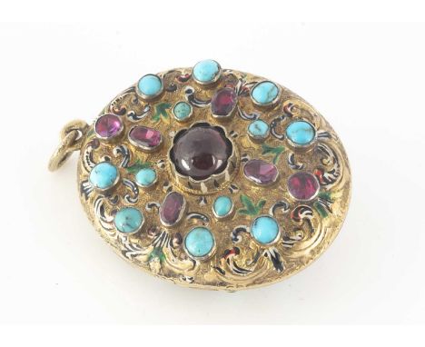 A 19th Century Austro Hungarian silver gilt enamel, garnet and turquoise locket, opening to reveal a glazed interior to one s