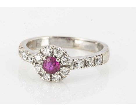 A ruby and diamond cluster ring, the round cut ruby in four claw setting, 0.20cts, surrounded by approximately 0.28ct of diam