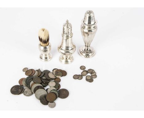 Three items of Art Deco silver and a small quantity of coins, including two sugar sifters, 4.18 ozt, a silver filled shaving 