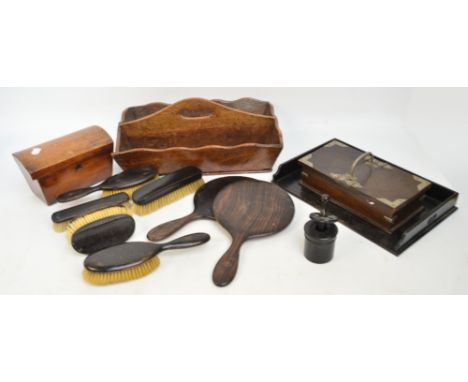 An oak two division cutlery box, a cigar box with plated mounts, a miniature oak longcase clock, ebony rectangular tray, vari