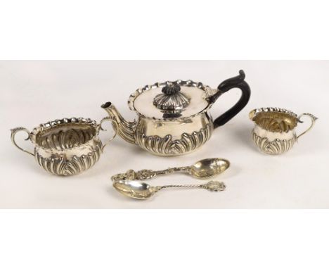 A Victorian hallmarked silver three piece tea service with crimped rim, Birmingham 1894 and 1895, approx 11ozt, also two whit