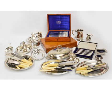 A quantity of electroplated items including two cased sets of fish servers, cruet, ladle, dishes, entree dish, etc.
