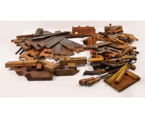 Five boxes of woodworking tools including chisels, saws, files, planes etc.