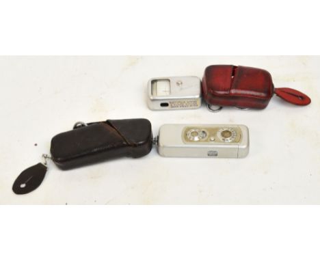 A Minox Wetzlar "Spy" camera with silver body, original leather case and with original bead set chain, also a Minosix leather