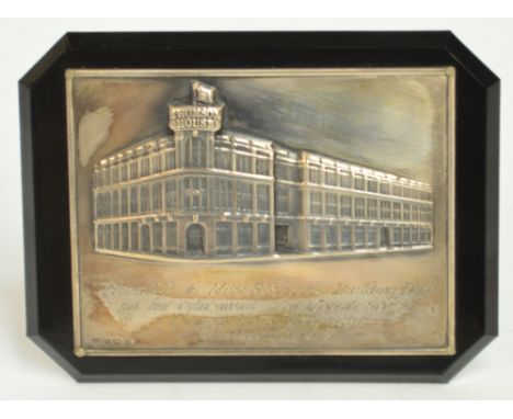A modern hallmarked silver presentation plaque depicting Thomson House, Manchester (now the Printworks), with inscription "Pr