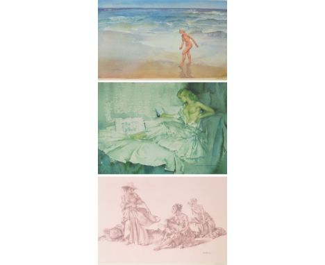 After WILLIAM RUSSELL FLINT (1880-1969); black and white print, study of women, a coloured print, depicting woman on the beac