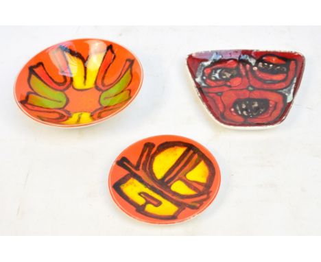 Three pieces of Poole pottery; a Carol Cutler shaped dish approx 16 x 14.5cm and two small Delphis shallow bowls, 16.5cm and 