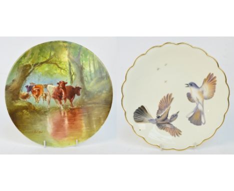 A c.1900 ceramic circular plaque hand painted with cows fording a stream, signed J.A. Shellaton, diameter 25.5cm, and a boxed