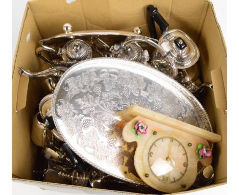 A large collection of sundry electroplated items to include tea sets, tray, salver, etc, also an Art Deco mantel clock (af).