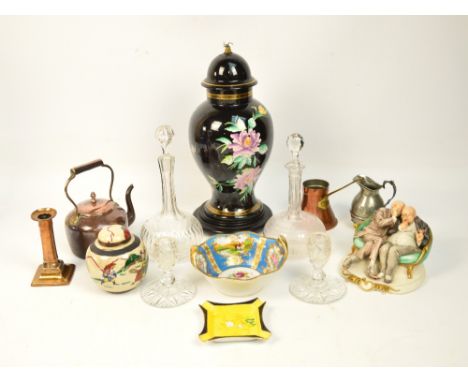 A mixed lot of ceramics, glass and metalware to include a small Chinese crackle glaze ginger jar, Noritake items, a humorous 