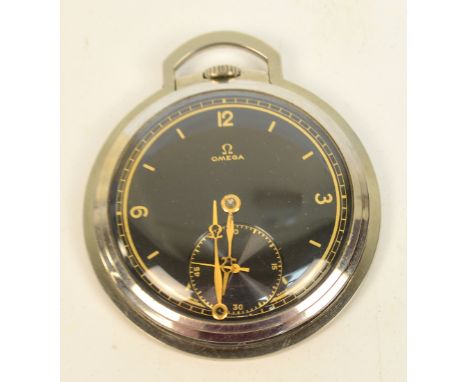 OMEGA; a late 20th century stainless steel cased open faced pocket watch, the black dial bearing gilt Arabic and baton numera